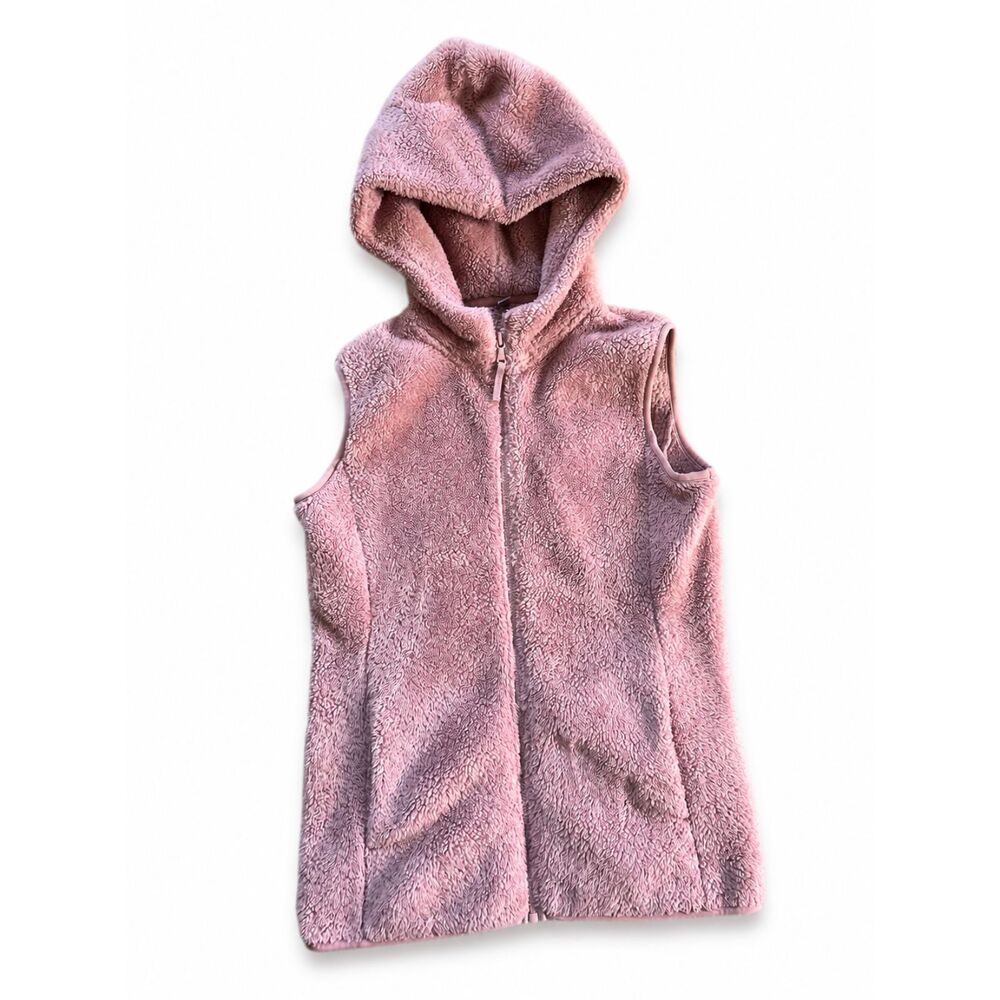 Pink Fuzzy Sherpa Hooded Full Zip Vest Sleeveless Cozy Pockets Medium